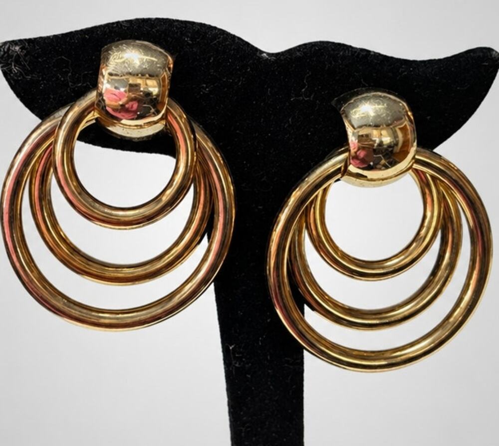 Triple Hoop Door Knocker Pierced Earrings Dangle Gold-tone 2.5" Long Vintage gp2